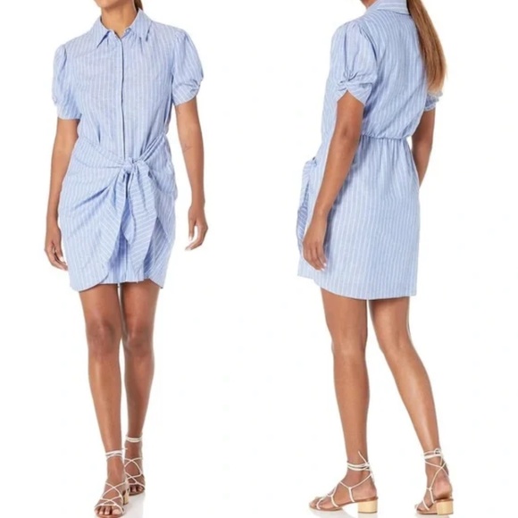 cinq a sept Dresses & Skirts - Cing a Sept Tira Linen Pinstripe Puffed Short Sleeve Self-Tie Waist Mini Dress 6